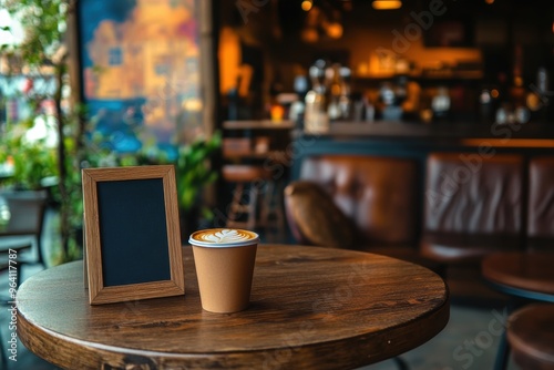 Cozy coffee shop ambiance with latte art empty menu board