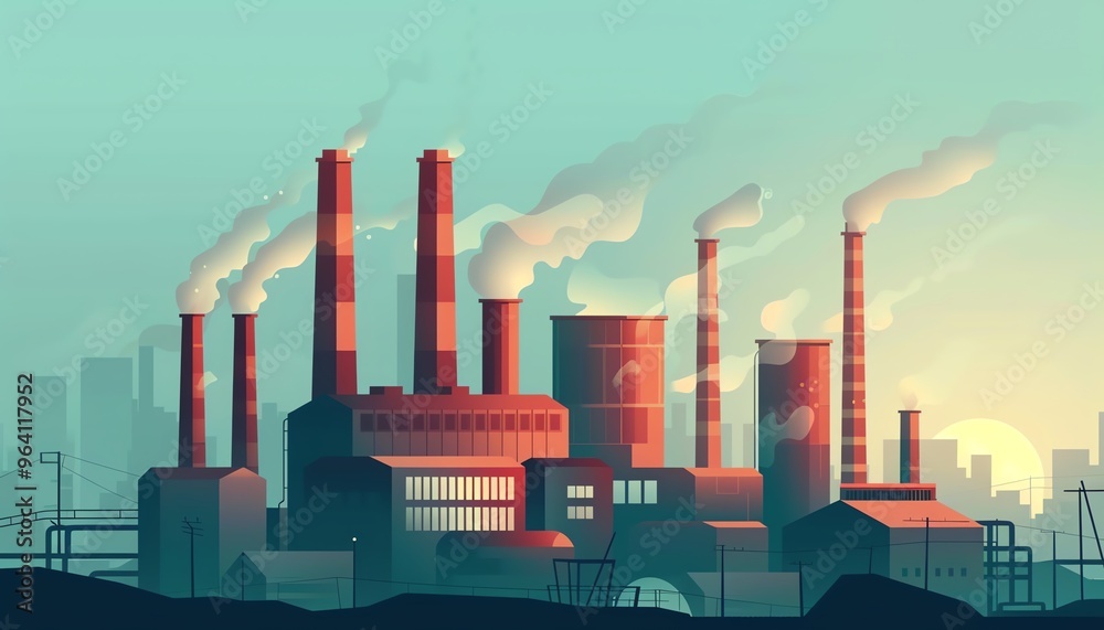 Obraz premium Factory emissions, polluting the air, flat design illustration