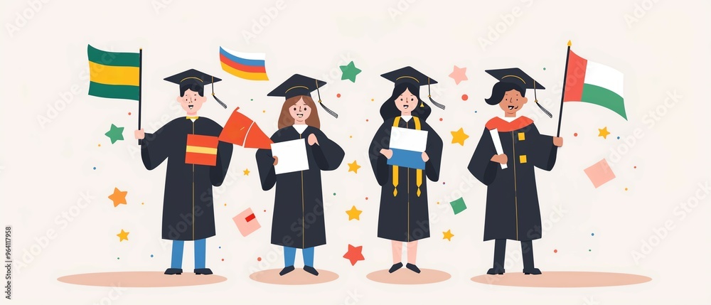 Graduates holding flags of their countries, diversity in education, flat design illustration Graduates holding flags of their countries, diversity in education, flat design illustration