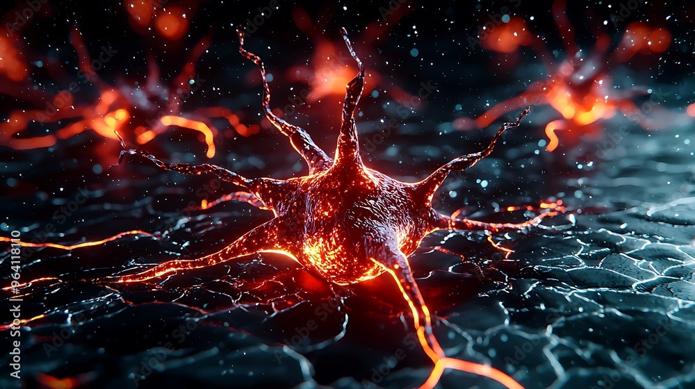 A glowing abstract neuron cell depicted in digital artwork, merging science and technology. A glowing abstract neuron cell depicted in digital artwork, merging science and technology.