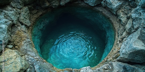 A deep circular well reveals clear water amidst rocky surroundings photo