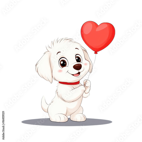 Cute cartoon puppy holding a red heart balloon, perfect for love and pet-themed designs. photo