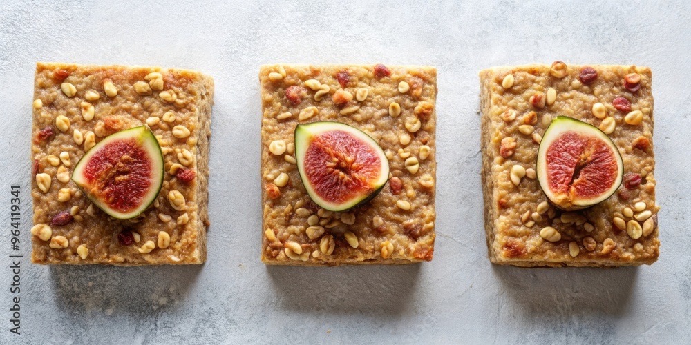 Fototapeta premium Three oatmeal fig dessert squares arranged in a top view studio shot with copy space available