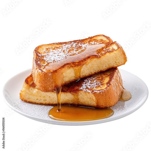 Delicious golden French toast drizzled with maple syrup, served on a white plate for a perfect breakfast treat.