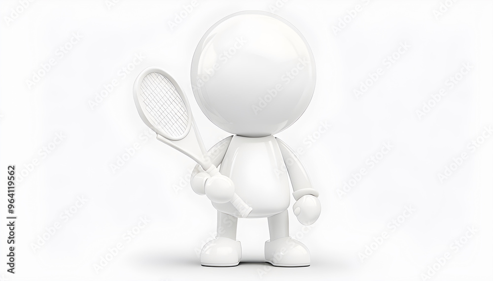3D rendering of a cartoonish white glossy humanoid character holding a tennis racket, standing in a minimalist environment, showcasing modern design and simplicity 3D rendering of a cartoonish white glossy humanoid character holding a tennis racket, standing in a minimalist environment, showcasing modern design and simplicity