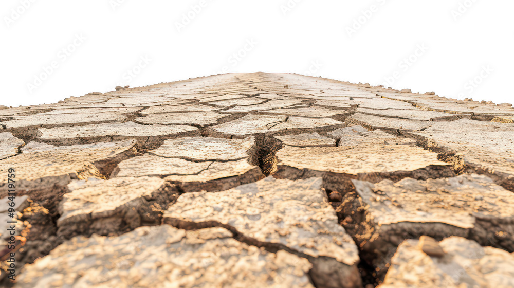 Fototapeta premium Drought-cracked earth road ,isolated on a pure white background