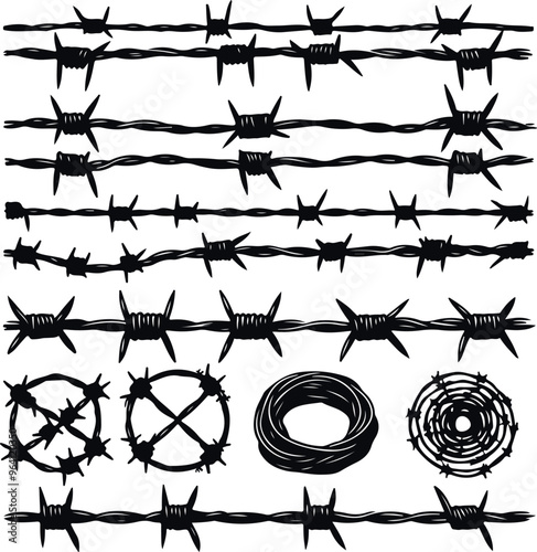 Razor Wire Brutal Prison Fence Collection. Barbed Wire Set Collection In Trendy Minimal Geometric Style
