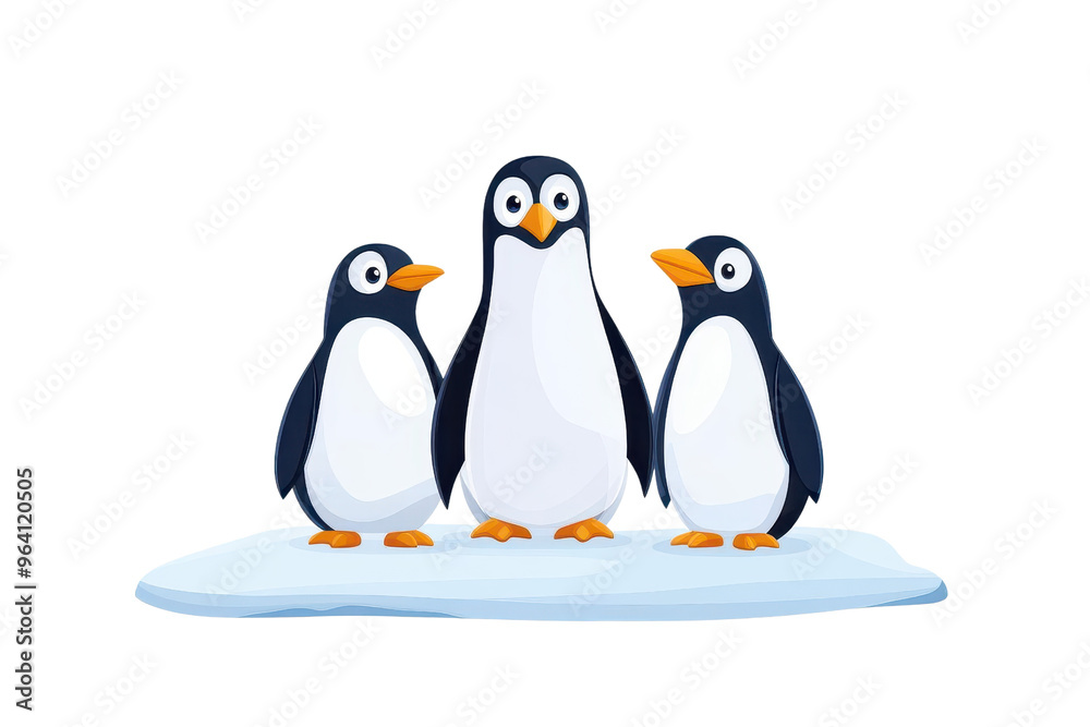 Fototapeta premium Three cute cartoon penguins standing on an ice floe, showcasing their playful nature in a vibrant, animated style.
