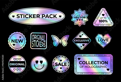 Holographic stickers. Stickerpack with emblems with different inscriptions shimmering with rainbow gradient.
