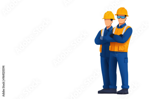 Two construction workers stand confidently with helmets and safety gear, ready for a productive day on the job site.