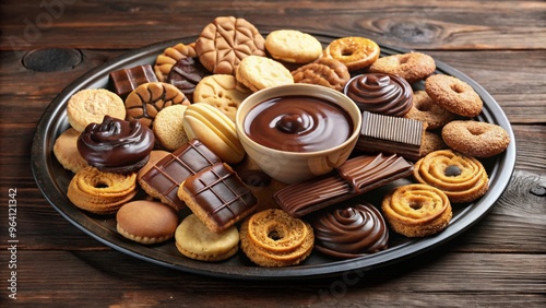 Assorted cookies and sweets dipped in rich melted chocolate on a platter