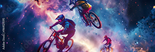 A dynamic montage of extreme sports enthusiasts mid-stunt. Set against a vibrant cosmic backdrop. Poster. Promotion. Adrenaline rush concept.  photo