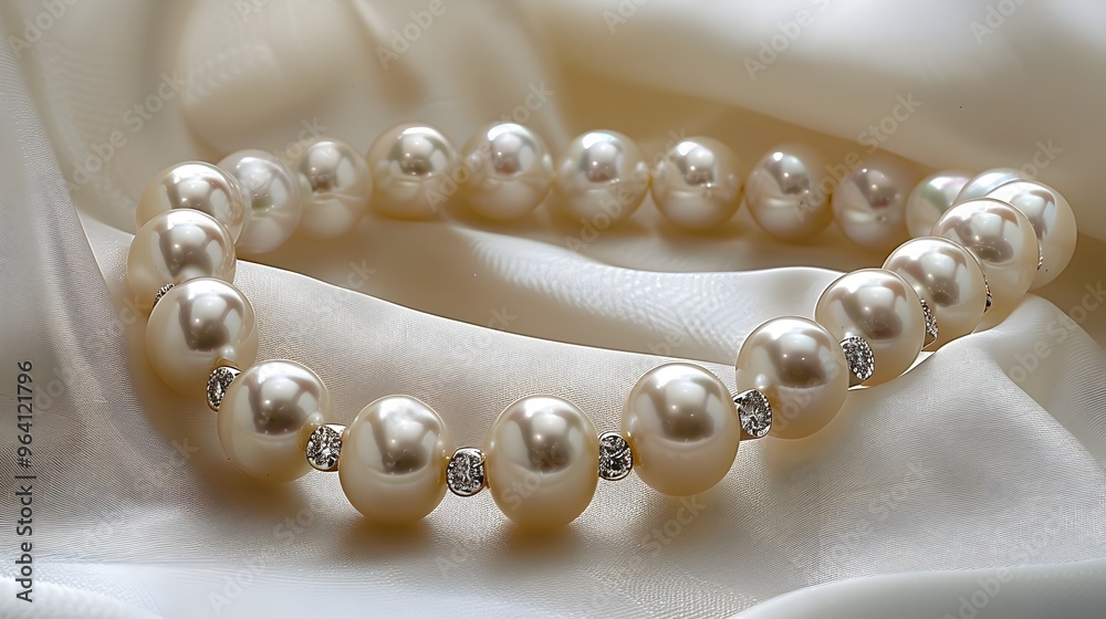 A pearl necklace with diamonds is on a white cloth A pearl necklace with diamonds is on a white cloth