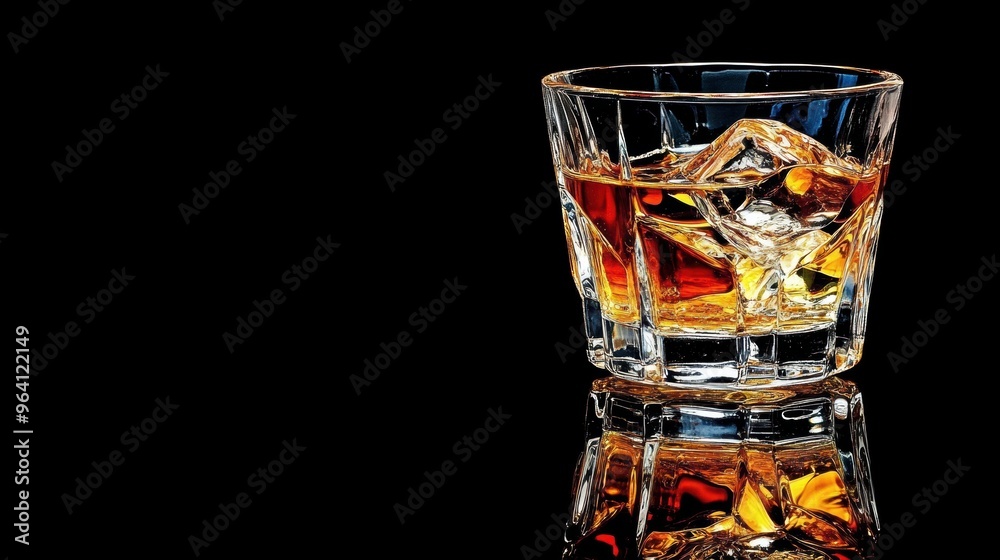 Glowing whiskey glass with ice on dark background Glowing whiskey glass with ice on dark background