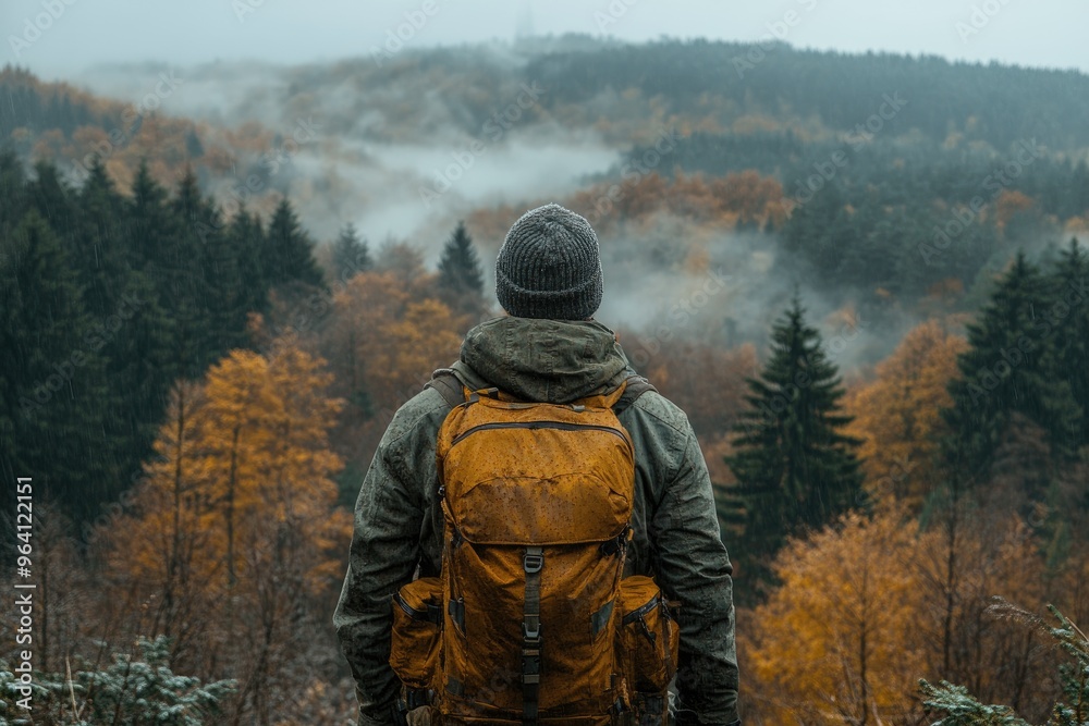 Hiker is enjoying a misty forest view in autumn Hiker is enjoying a misty forest view in autumn