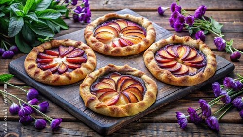 Three delicious plum almond galettes beautifully displayed on a rustic serving tray with purple flowers