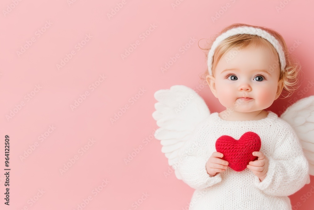 Fototapeta premium Blonde baby girl dressed as an angel, holding a red heart, with a pink background. Valentine's Day love concept.