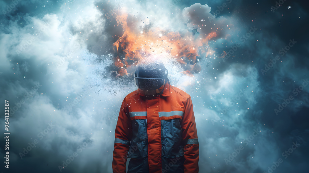 Fototapeta premium A firefighter with an exploding head and Symbolizing the concept of stress and mental health in emergency services. 