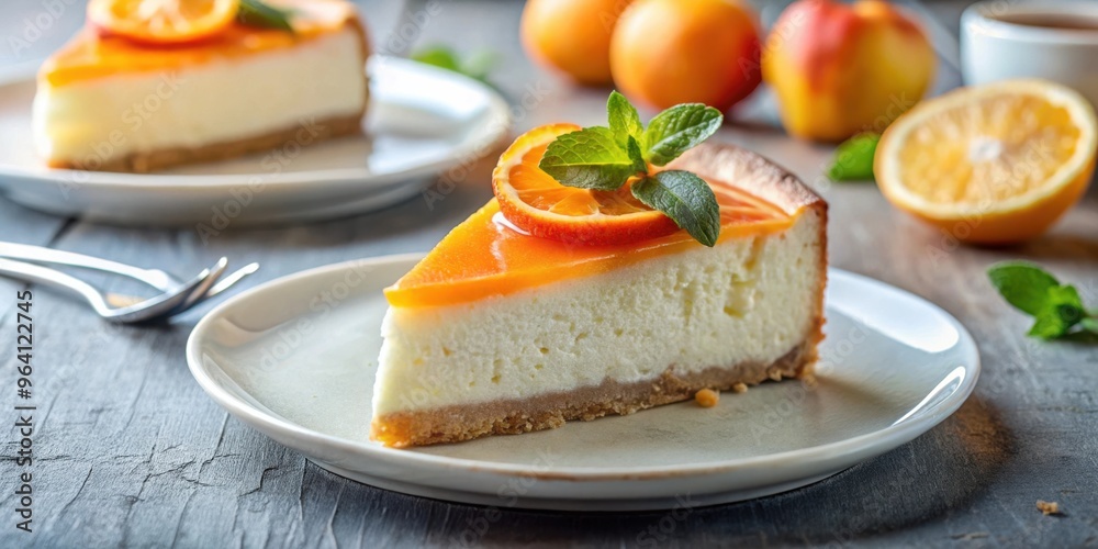 Ricotta cheesecake slice topped with citrus and syrup, perfect for dessert Ricotta cheesecake slice topped with citrus and syrup, perfect for dessert