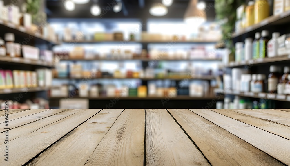 Fototapeta premium Empty White Marble Countertop with Blurred Pharmacy Drugstore Shelves Background 