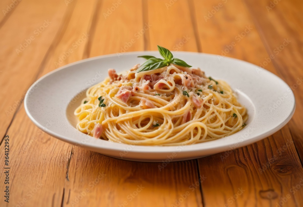Spaghetti Carbonara with Basil on Wooden Background Spaghetti Carbonara with Basil on Wooden Background