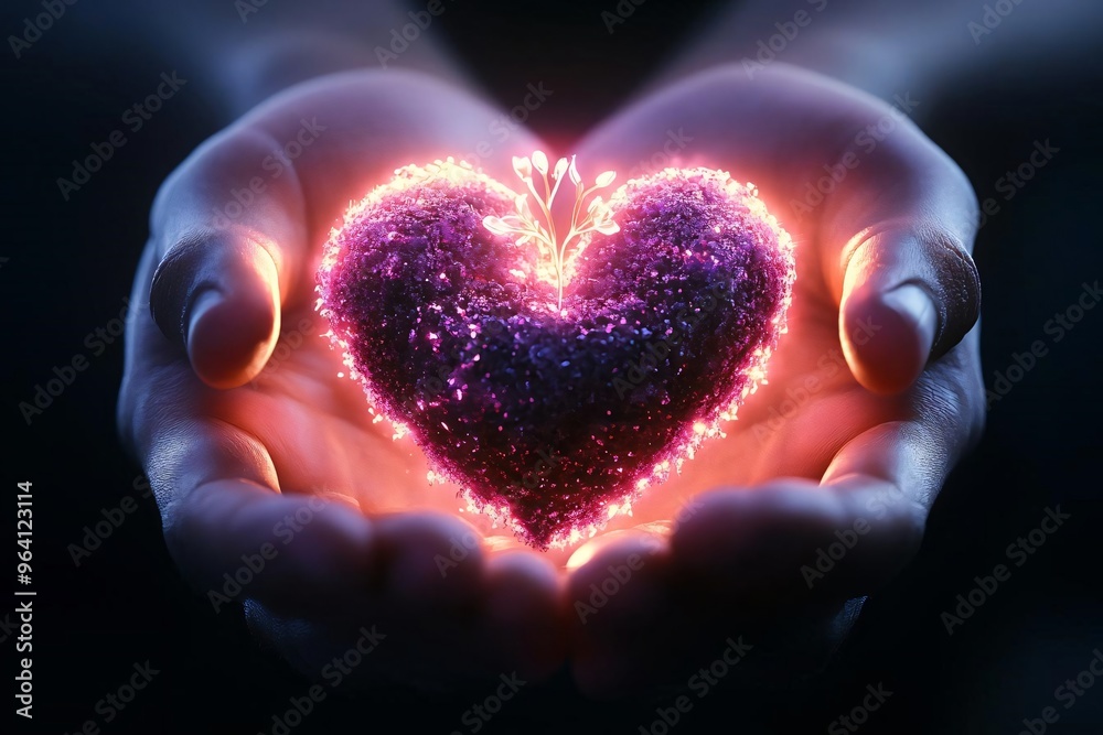 A glowing heart held delicately in two hands, radiating love and warmth, perfect for expressing affection and compassion. A glowing heart held delicately in two hands, radiating love and warmth, perfect for expressing affection and compassion.