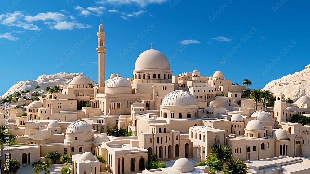 Arabic architecture with a mosque, domes, minaret, and palm trees, set ...