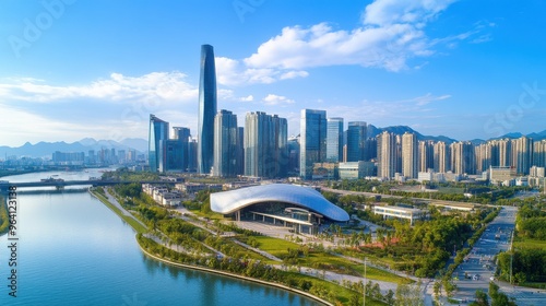 Modern Cityscape with River  Skyscrapers  and Green Park photo