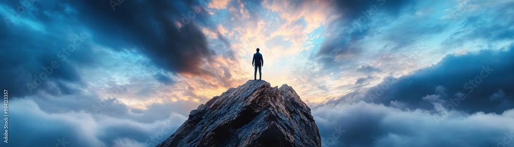A lone figure stands on a rocky peak, silhouetted against a dramatic sky filled with clouds and vibrant colors during sunset. A lone figure stands on a rocky peak, silhouetted against a dramatic sky filled with clouds and vibrant colors during sunset.