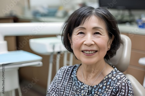 portrait of cheerful mature asian woman in dentist office