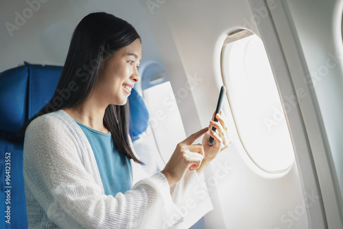 Happy woman airplane travel, Portrait of woman with journey