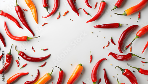 Collage of chili peppers on white background