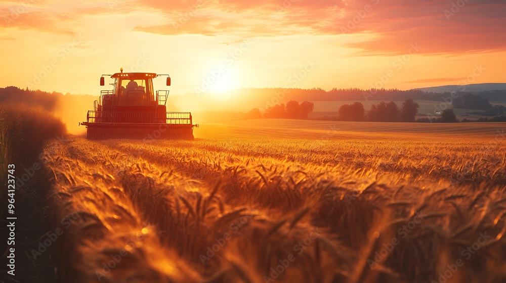 Fototapeta premium view Tractor Harvesting at Sunset