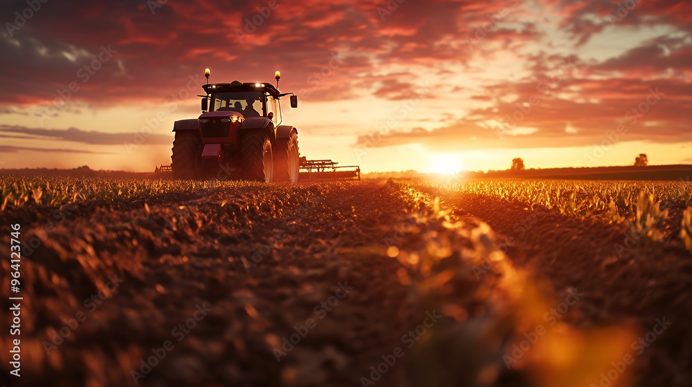 Fototapeta premium Tractor at Sunset on a Field