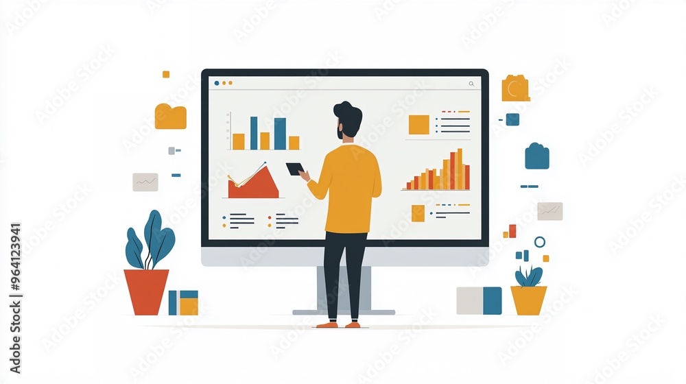 Man analyzing data on a large screen, surrounded by charts and graphs in a modern setting Man analyzing data on a large screen, surrounded by charts and graphs in a modern setting