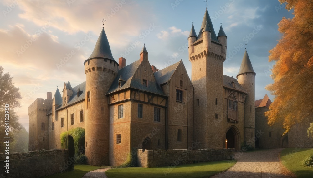 A majestic medieval castle stands surrounded by lush greenery and autumn foliage. The enchanting scene exudes historical charm and invites exploration of its towers and walls, perfect for depicting A majestic medieval castle stands surrounded by lush greenery and autumn foliage. The enchanting scene exudes historical charm and invites exploration of its towers and walls, perfect for depicting