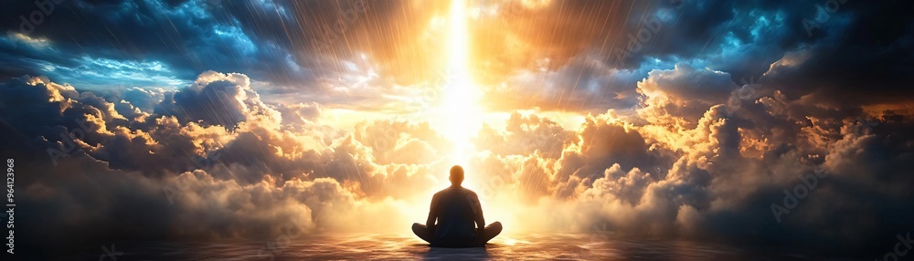 Obraz premium A serene meditation scene, capturing tranquility and inner peace as light beams illuminate the clouds above.