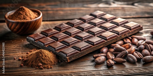 Dark chocolate bar surrounded by cocoa beans and dusted with powdered sugar on a wooden table