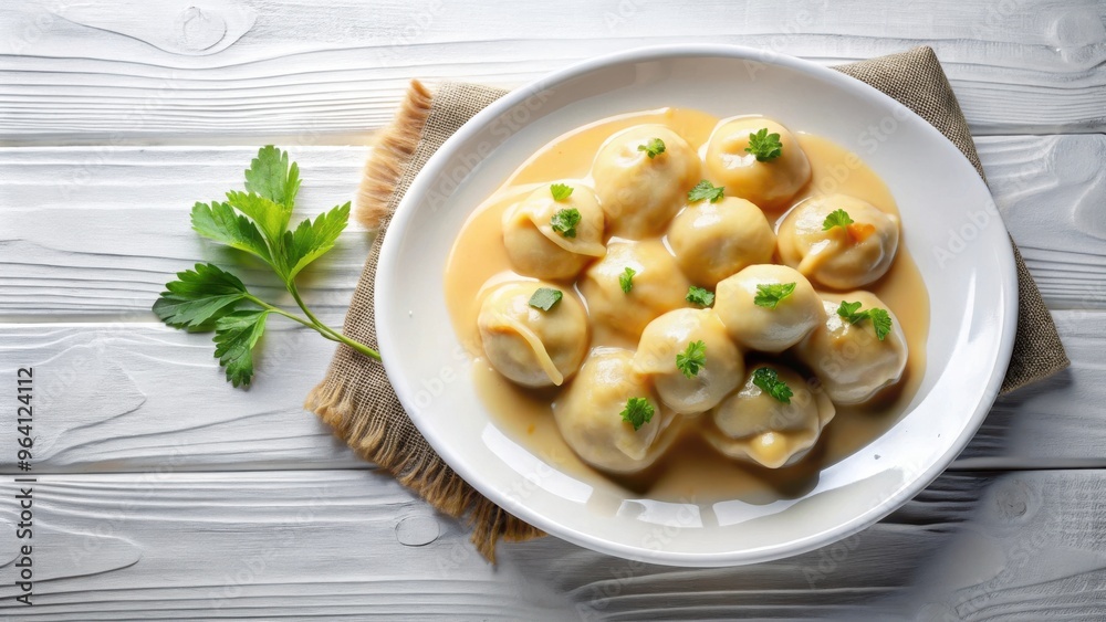 Overhead view of sweet dumplings with vanilla sauce on a white plate in a studio setting Overhead view of sweet dumplings with vanilla sauce on a white plate in a studio setting