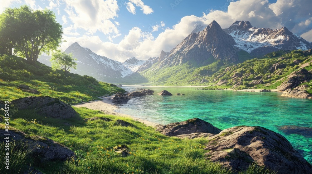 Fototapeta premium A scenic mountain landscape with crystal-clear sea and vibrant green grass, basking in the daytime sun with a bright sky in the background