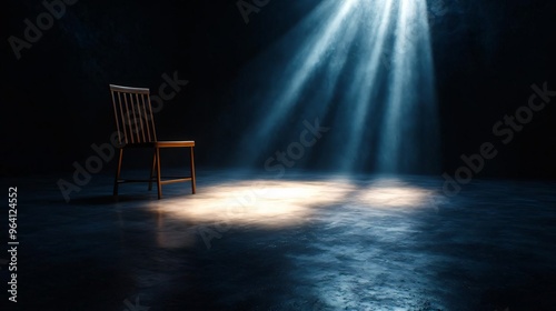 A solitary chair illuminated by beams of light in a dark room, creating a dramatic and contemplative atmosphere. photo