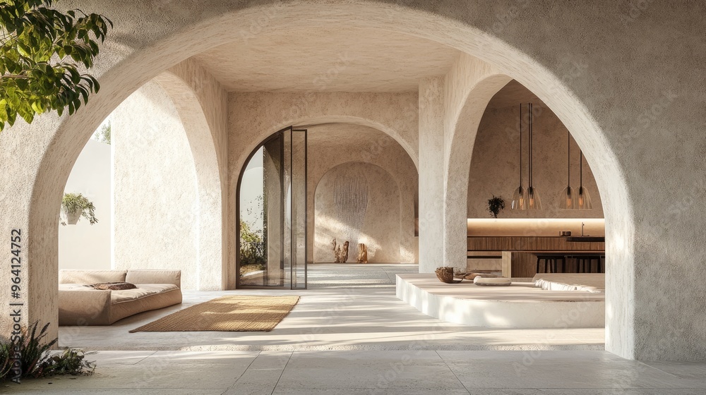 Fototapeta premium Beautiful arch-based design for both interior and exterior spaces, rendered in 3D with realistic architectural details and backgrounds