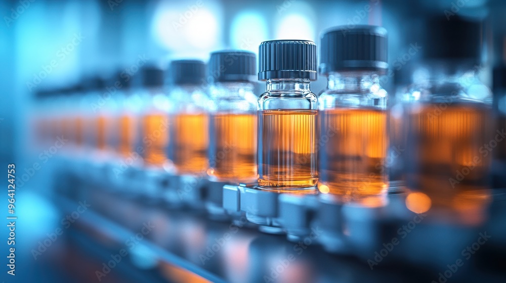 Glass vials with clear liquid on a lab shelf with equipment in the background Glass vials with clear liquid on a lab shelf with equipment in the background