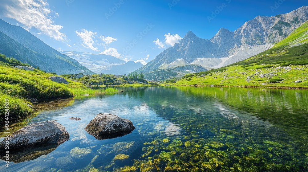 Beautiful mountain landscape with clear water, green grass, and a bright blue sky, creating a peaceful and serene daytime view Beautiful mountain landscape with clear water, green grass, and a bright blue sky, creating a peaceful and serene daytime view