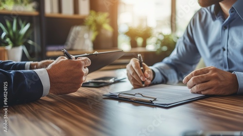 HR manager conducting a job interview, sitting across a desk, clipboard in hand, formal office, natural indoor light, soft shadows. photo