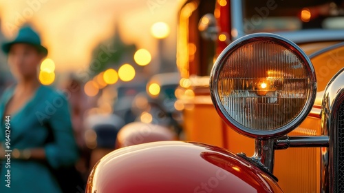 A crash involving vintage cars at a retro car show, surrounded by vintage fashion and anachronistic elements