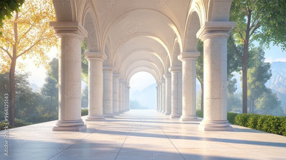 Fototapeta premium Beautiful outdoor architectural design featuring elegant arches, captured in a 3D scene with a realistic backdrop of sky and trees