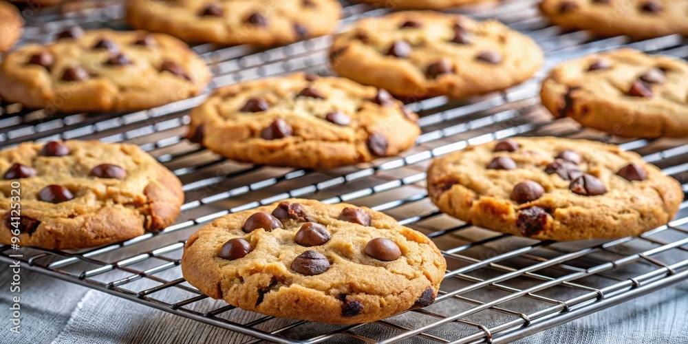 Close-up of freshly baked chocolate chip cookies on a cooling rack Close-up of freshly baked chocolate chip cookies on a cooling rack