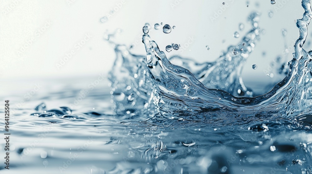 Clear water splash with subtle blue tones on a light grey background, providing plenty of empty space for branding or text. Clear water splash with subtle blue tones on a light grey background, providing plenty of empty space for branding or text.