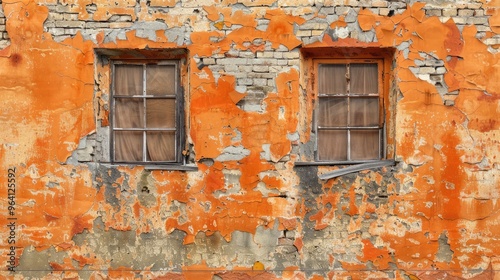 Decaying orange brick wall texture with grey accents and windows.